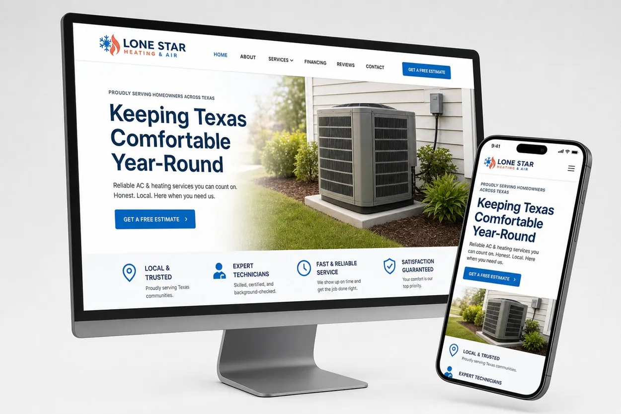A small business HVAC website shown on a desktop monitor and a phone