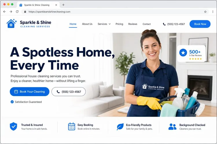 Example Cleaning small business website headlined A Spotless Home, Every Time