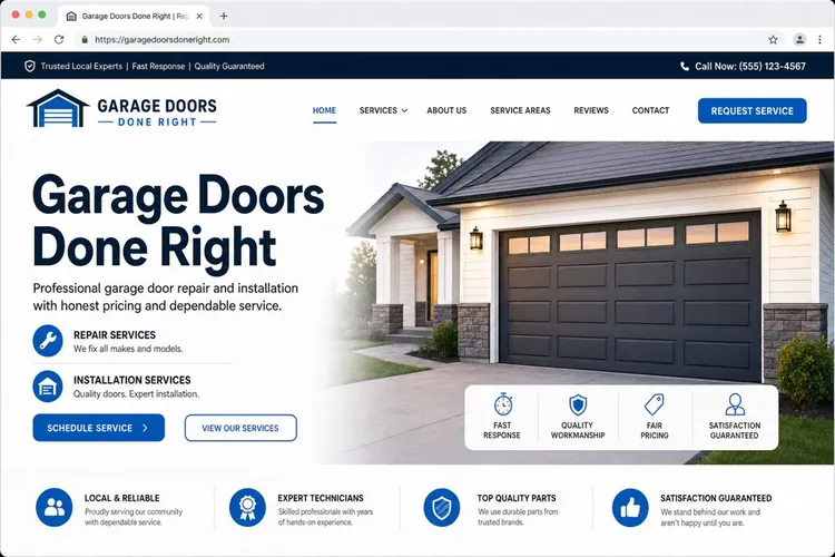 Example Garage Doors small business website headlined Garage Doors Done Right