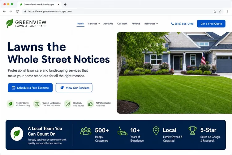 Example Lawn Care small business website headlined Lawns the Whole Street Notices
