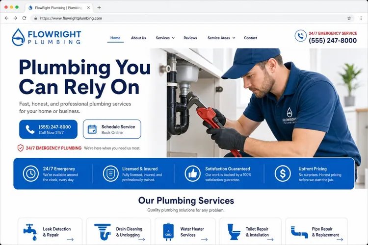 Example Plumbing small business website headlined Plumbing You Can Rely On